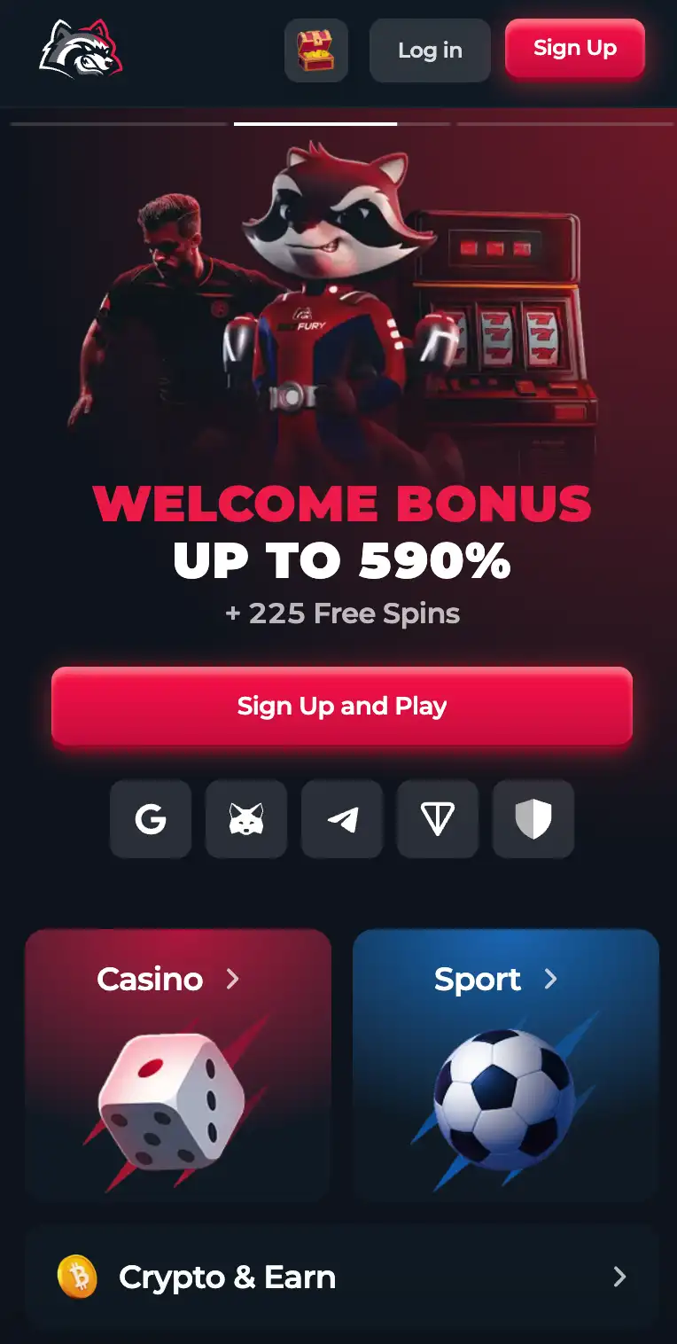 BetFury App home screen with the welcome bonus and casino and sports sections
