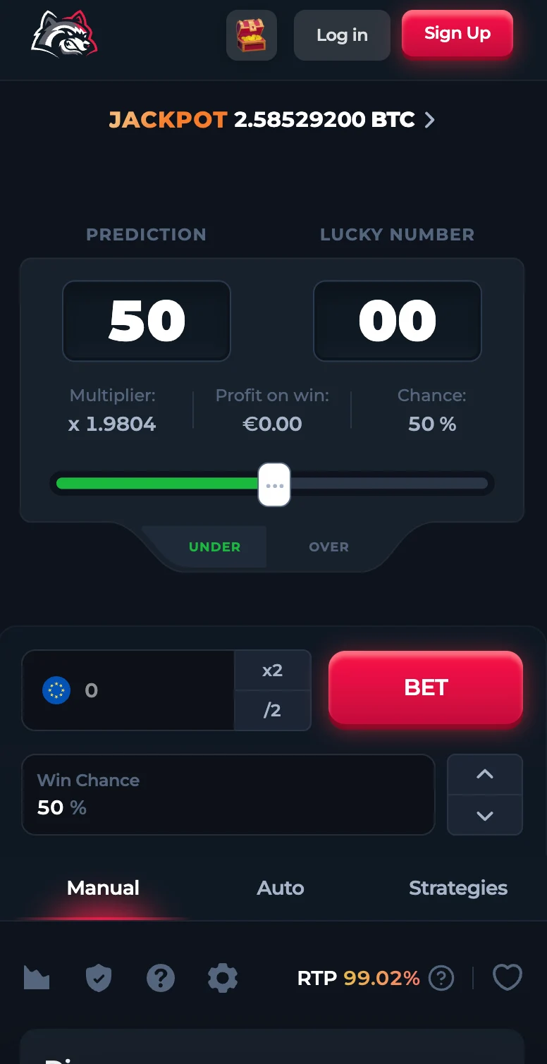 BetFury App original game interface with prediction, lucky number, multiplier, and bet controls