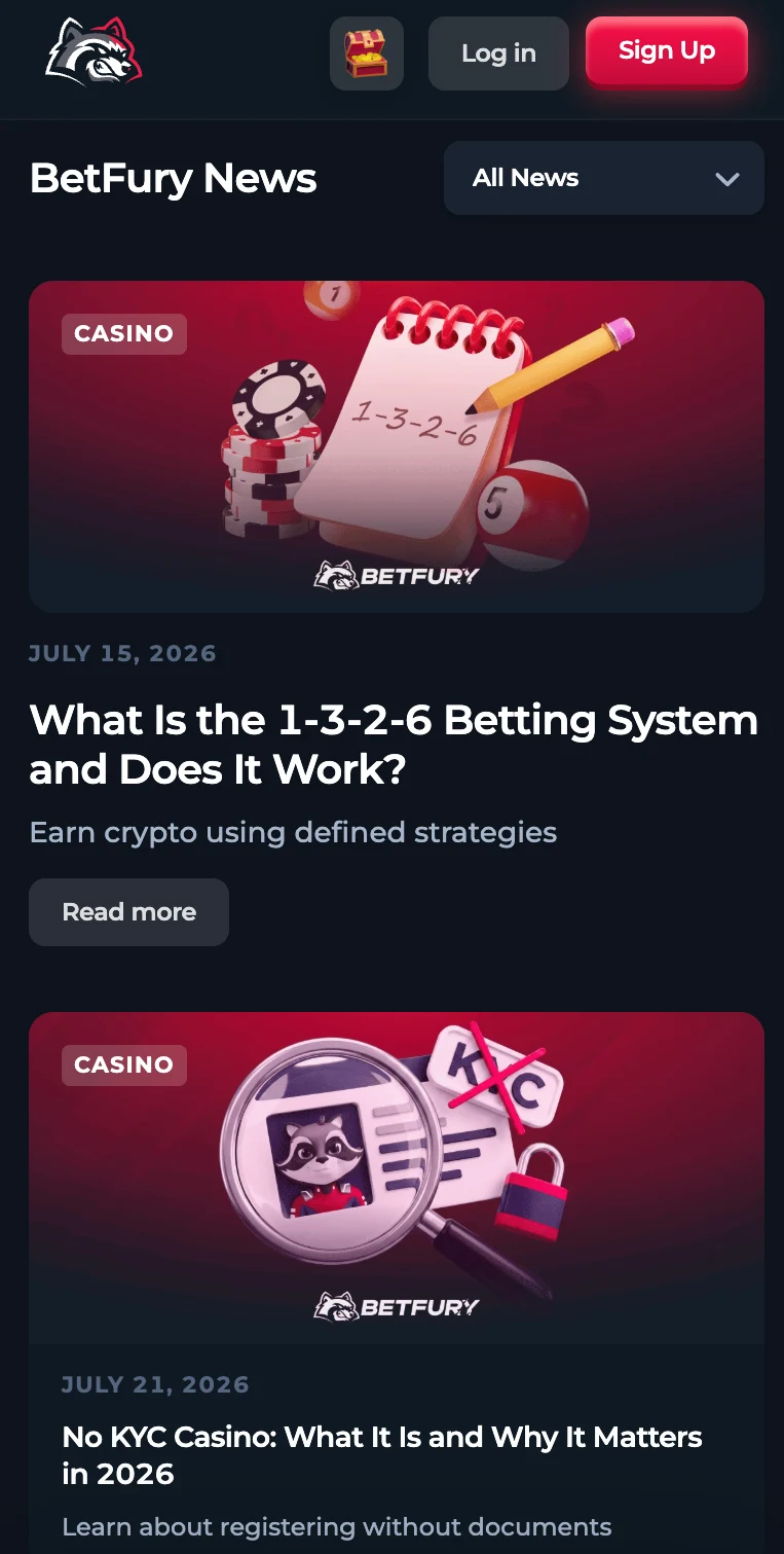 BetFury App news feed with casino articles and platform updates